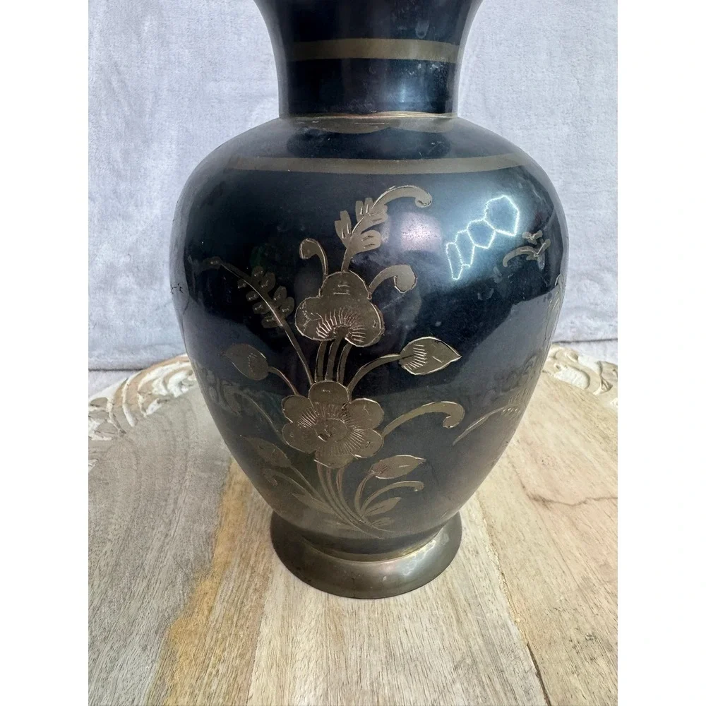Vintage Black Etched Brass Vase Deer Gazelle Floral Palm‎ Tree Design 9.5 Inch